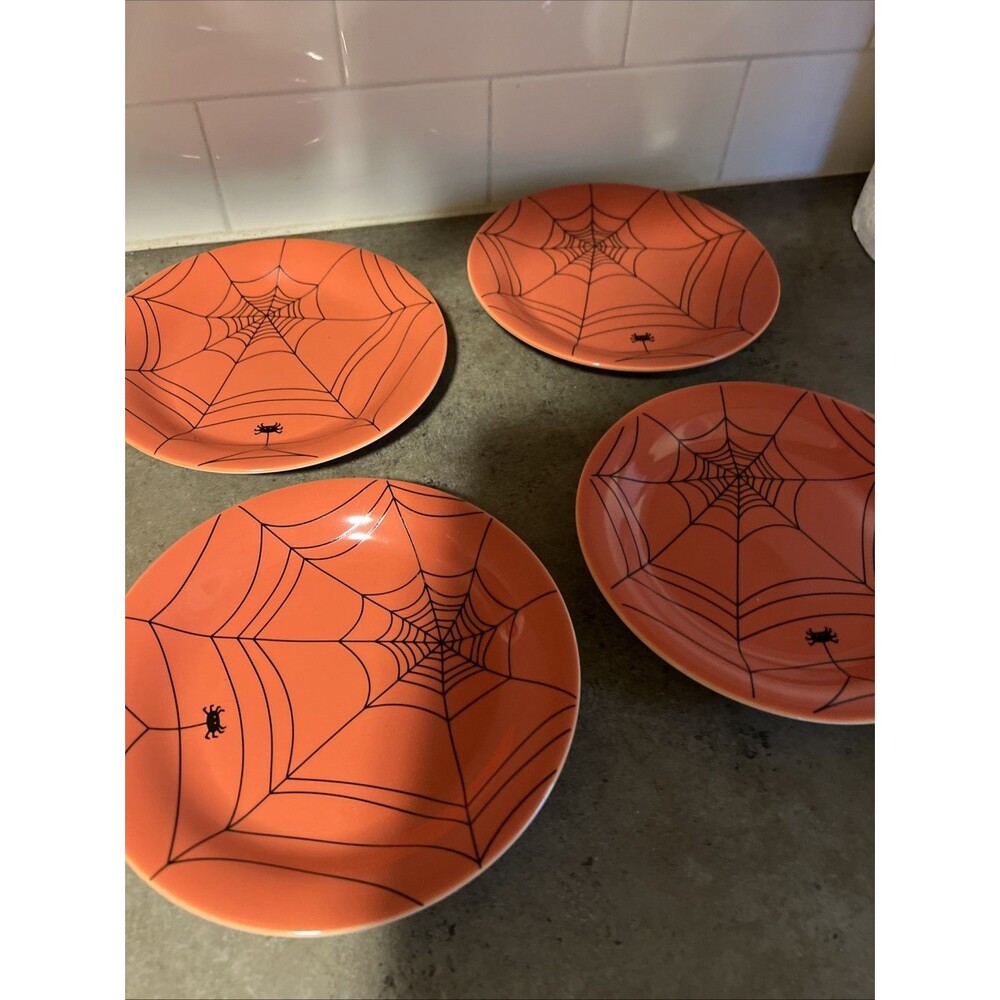 4 WILLIAMS SONOMA SPIDER SPIDERWEB ORANGE DESSERT APPETIZER PLATES 6.25"